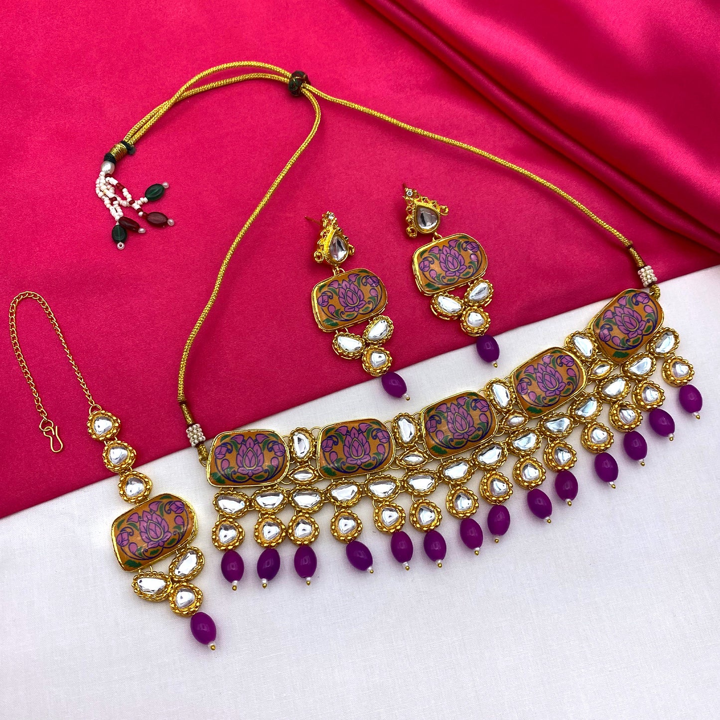 Sujwel Traditional Beaded Kundan Necklace Set With Maang Tikka for Women & Girls(08-0286)