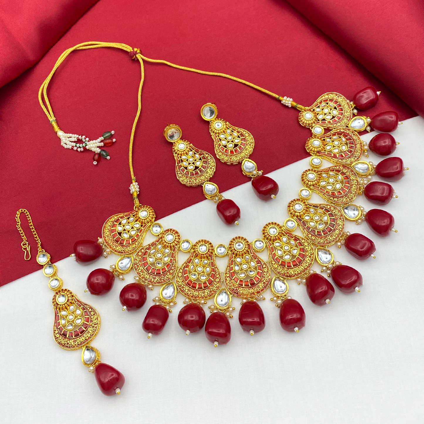 Sujwel Gold Plated Kundan Meenakari Choker Necklace Set (08-0447)