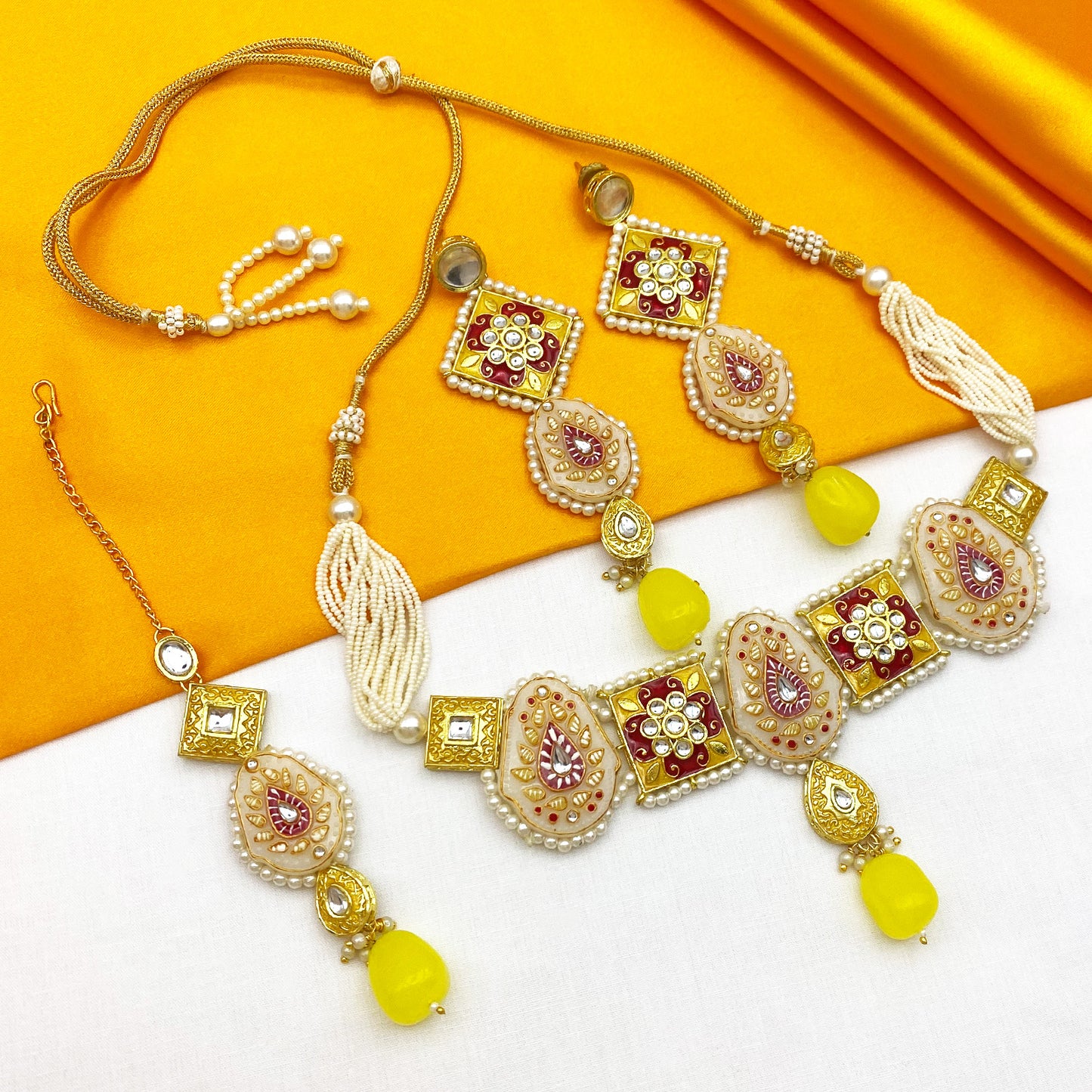 Sujwel Gold Plated Kundan Meenakari Choker Necklace Set for woman (08-0451)