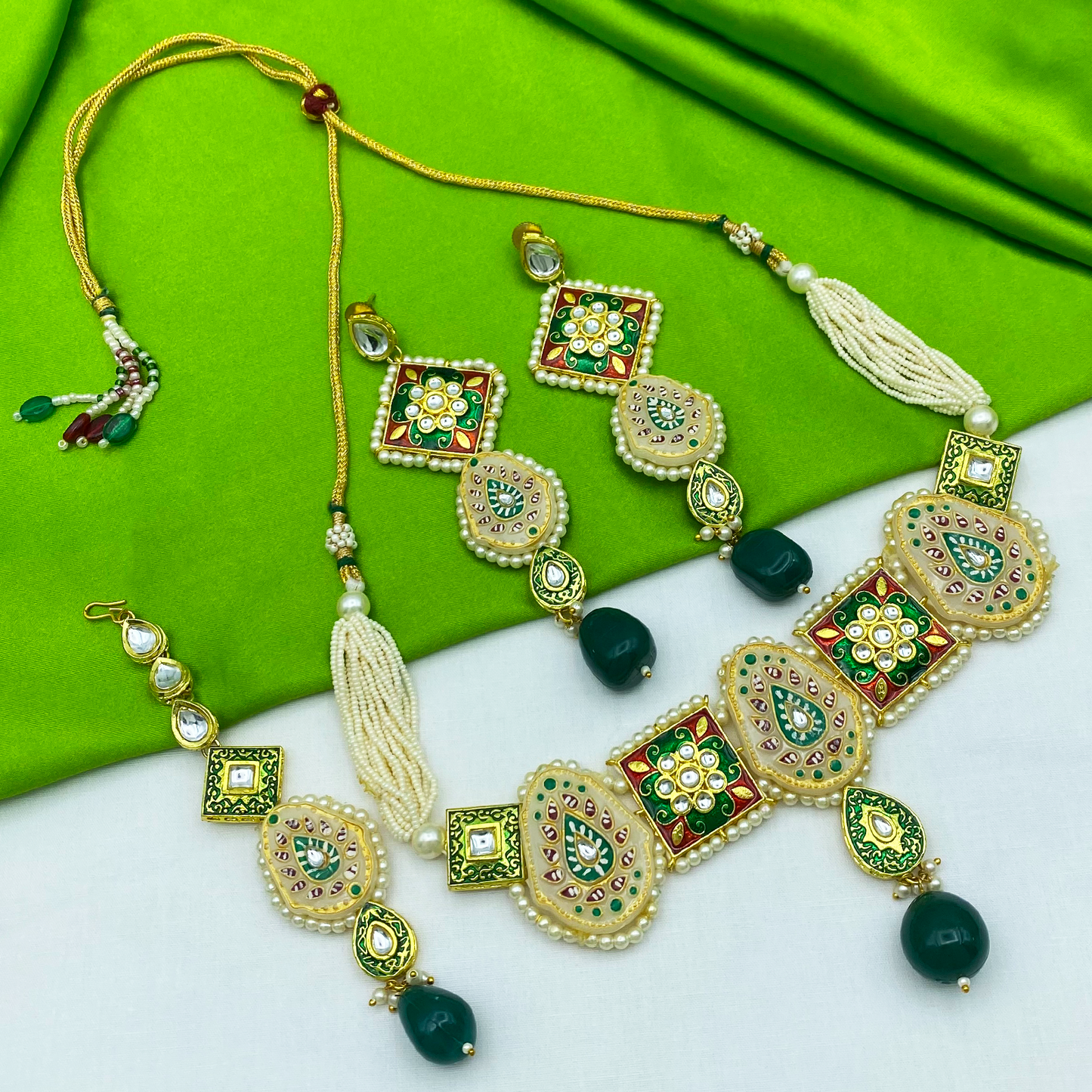 Sujwel Gold Plated Kundan Meenakari Choker Necklace Set for woman (08-0451)