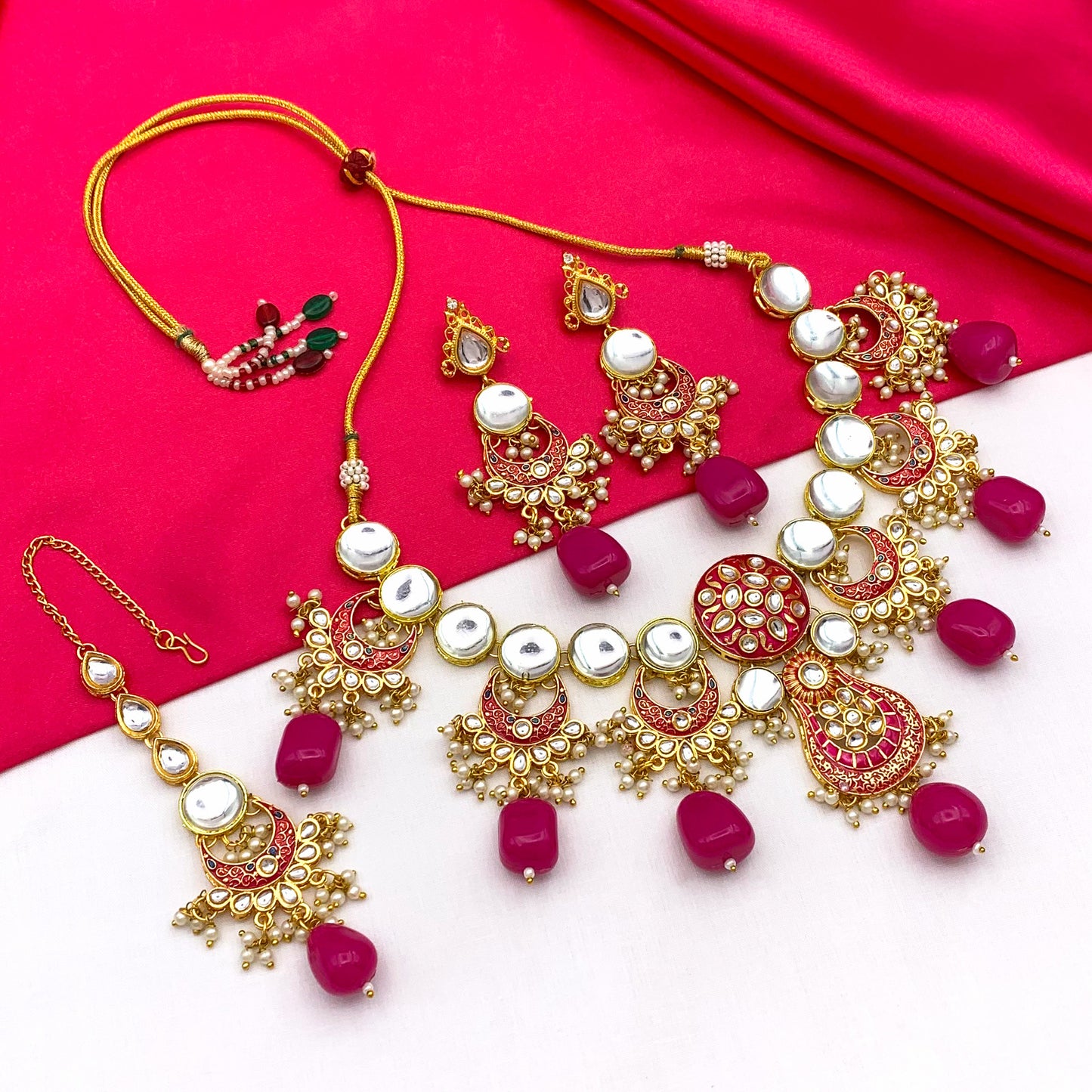 Sujwel Gold Toned Kundan Lamination Floral Design Necklace Set (08-0456)
