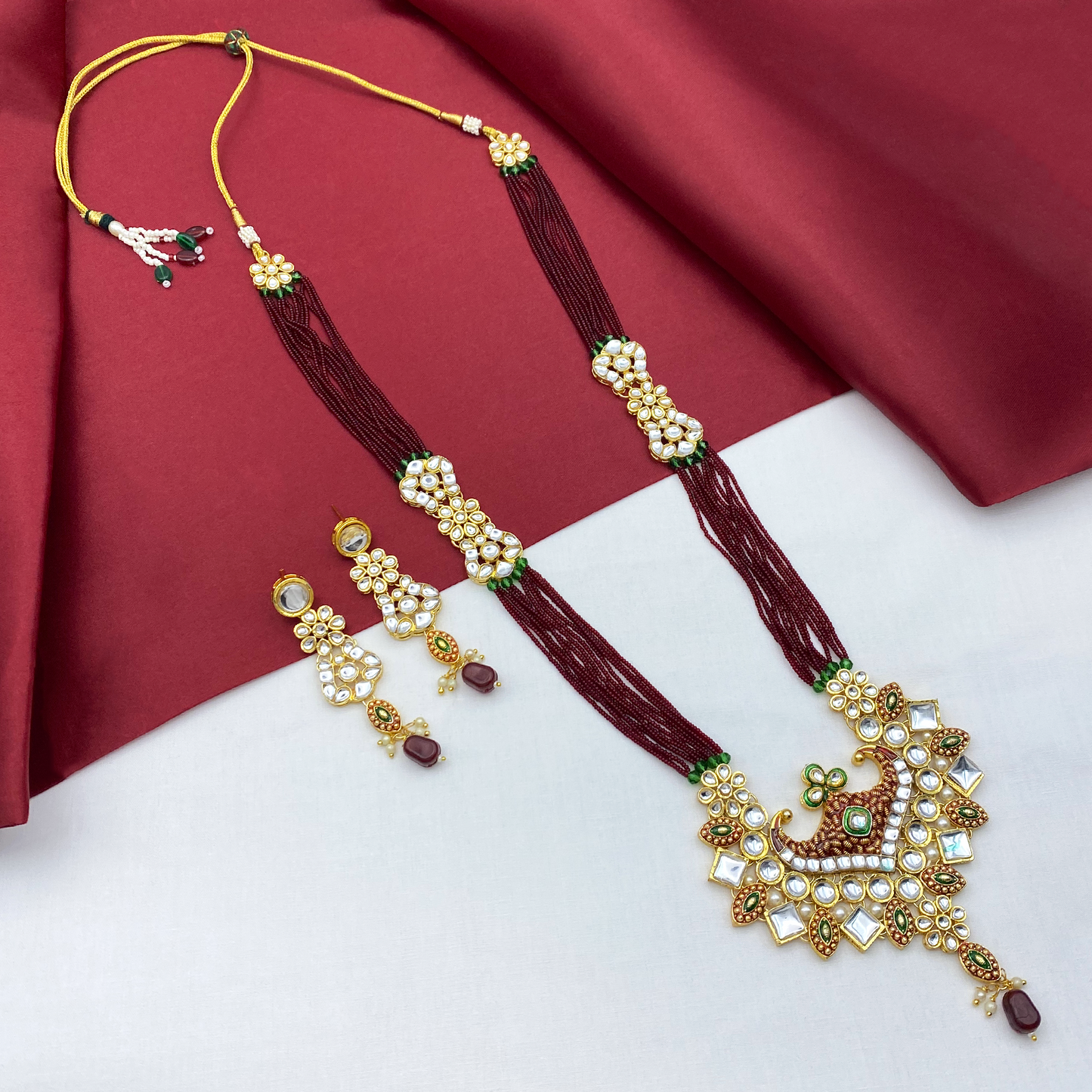Sujwel Gold Kundan Meenakari Long Necklace And Earrings(08-0506)