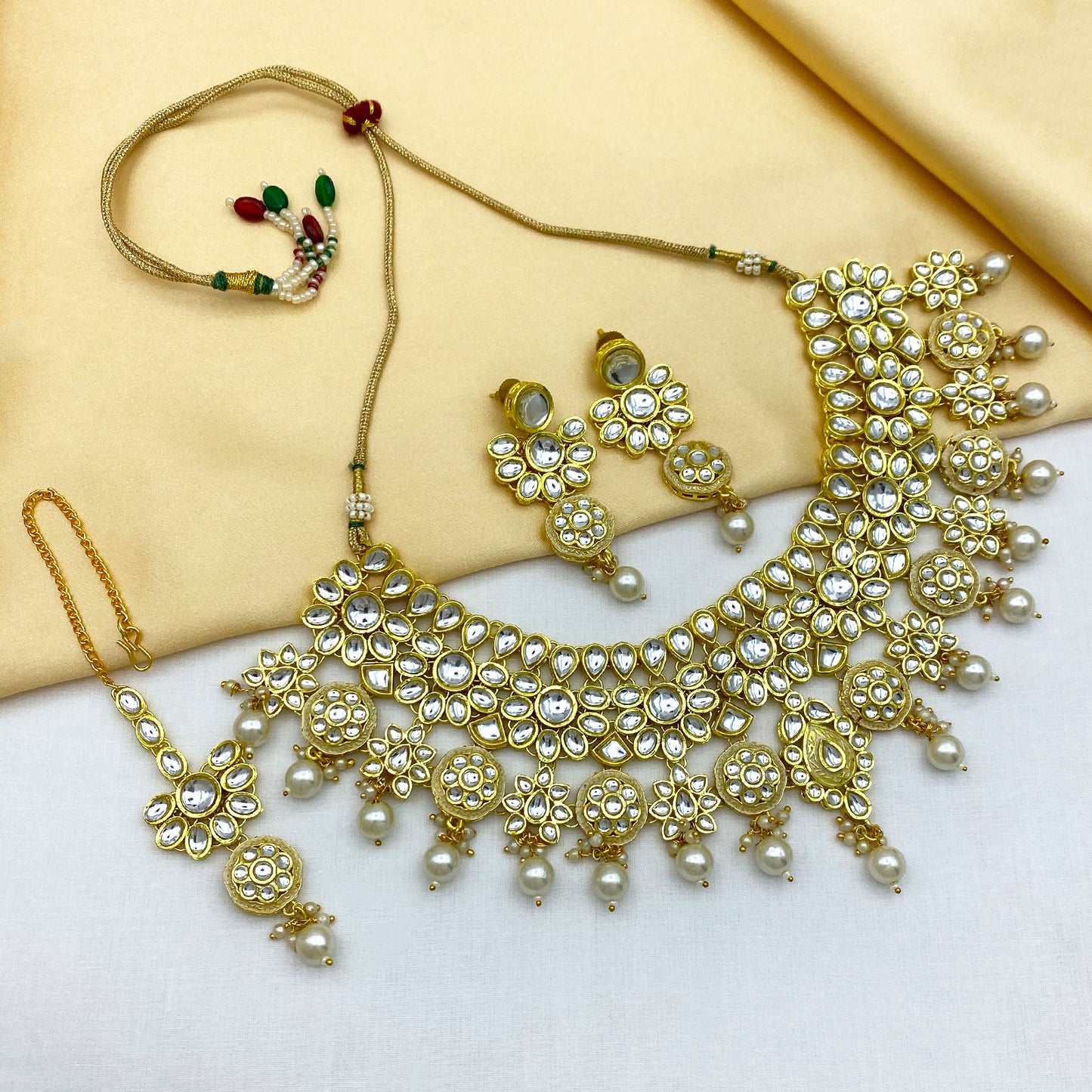 Sujwel Gold Kundan Necklace And Earrings With Maangtikka (08-0508)