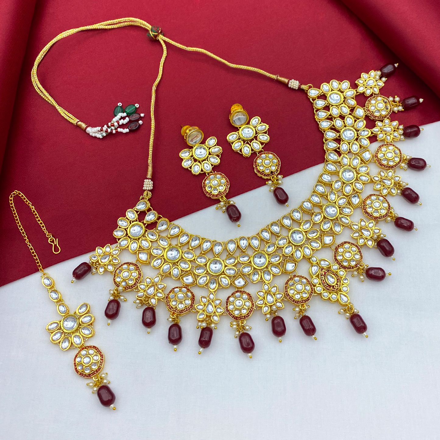 Sujwel Gold Kundan Necklace And Earrings With Maangtikka (08-0508)