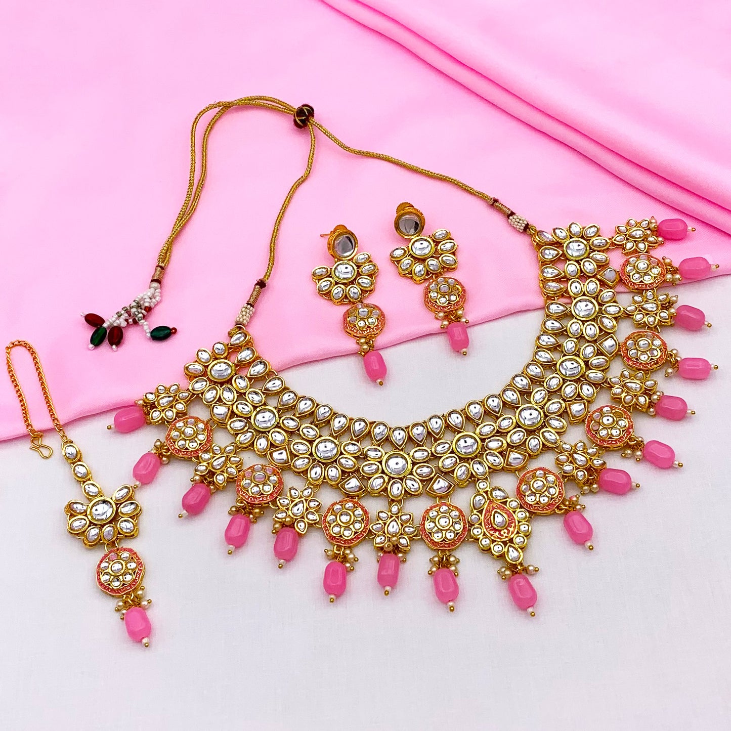 Sujwel Gold Kundan Necklace And Earrings With Maangtikka (08-0508)