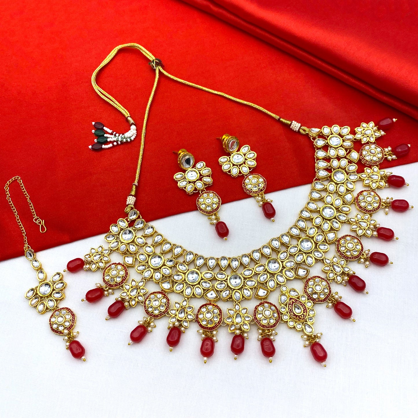 Sujwel Gold Kundan Necklace And Earrings With Maangtikka (08-0508)