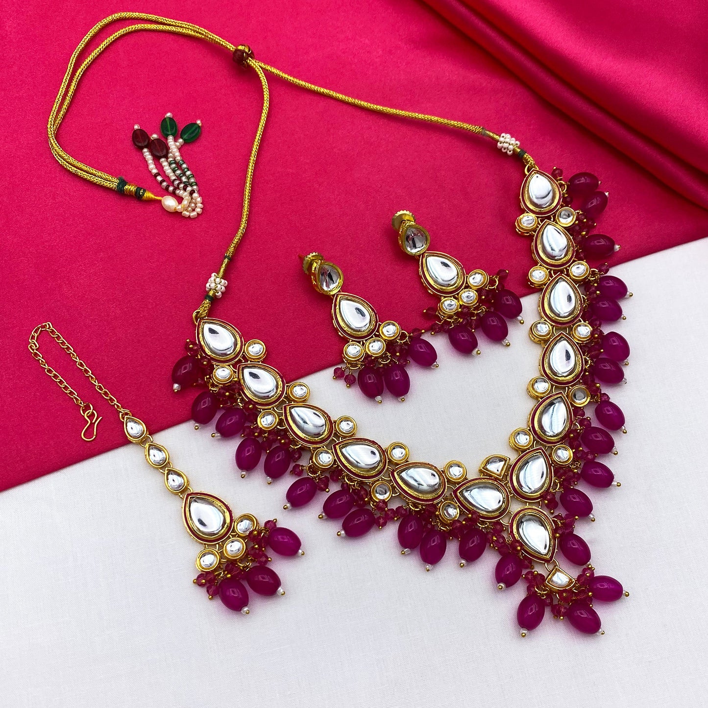 Sujwel Gold-Plated Kundan Necklace Set with Earrings, and Tikka for Girls and Women (08-0532)