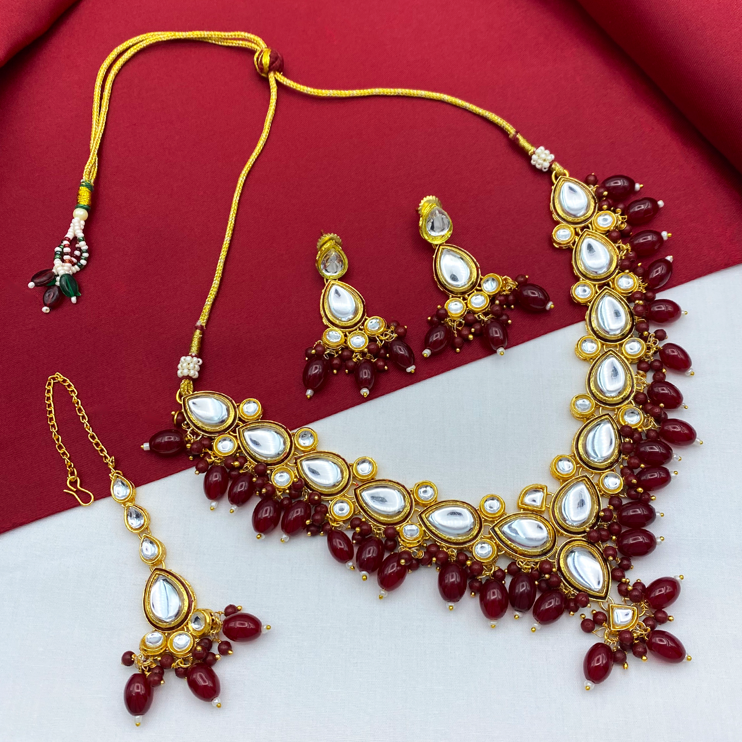Sujwel Gold-Plated Kundan Necklace Set with Earrings, and Tikka for Girls and Women (08-0532)