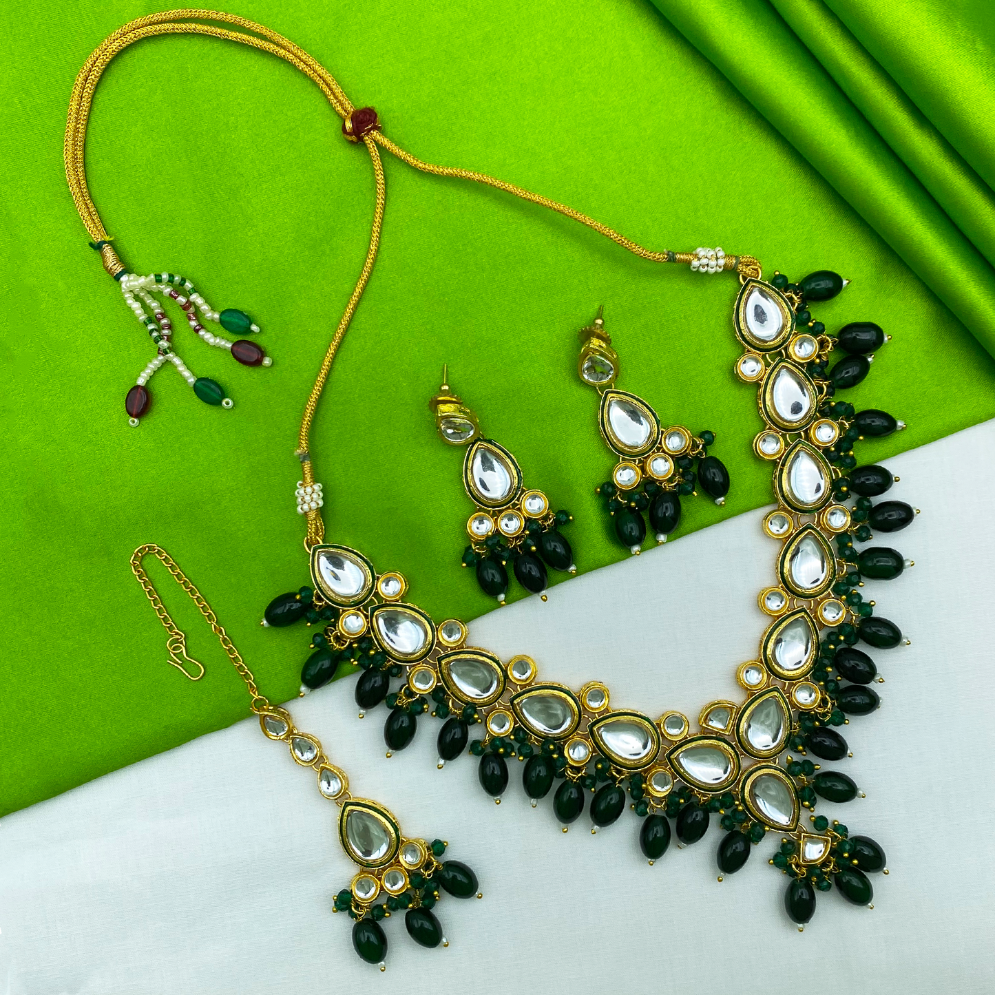 Sujwel Gold-Plated Kundan Necklace Set with Earrings, and Tikka for Girls and Women (08-0532)