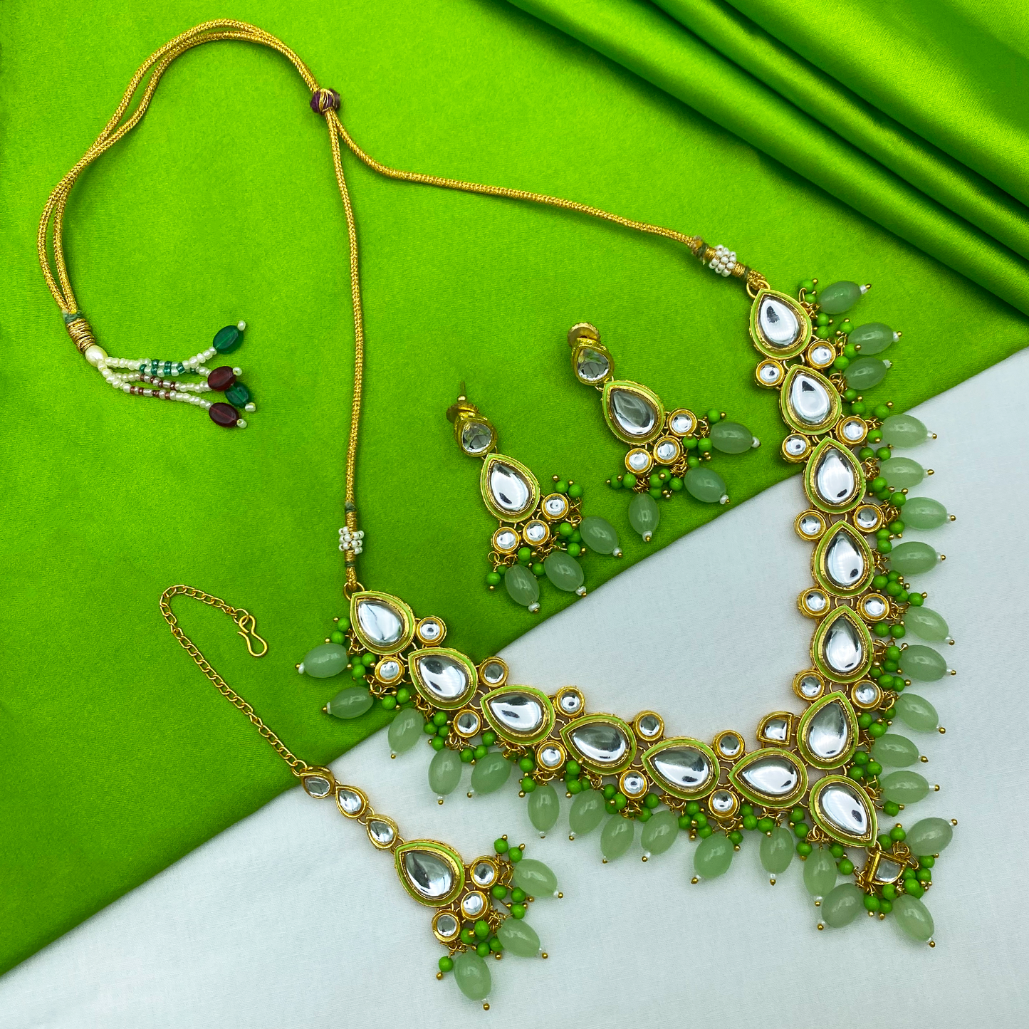 Sujwel Gold-Plated Kundan Necklace Set with Earrings, and Tikka for Girls and Women (08-0532)