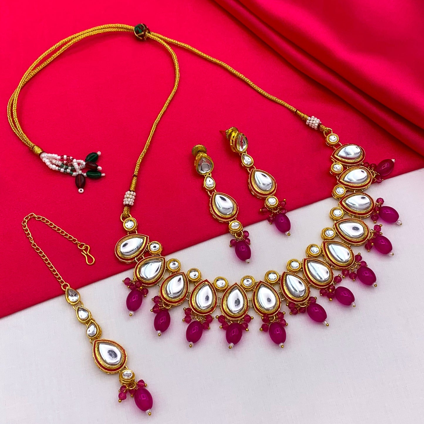 Sujwel Gold-Plated Kundan Necklace Set with Earrings, and Tikka for Girls and Women (08-0534)