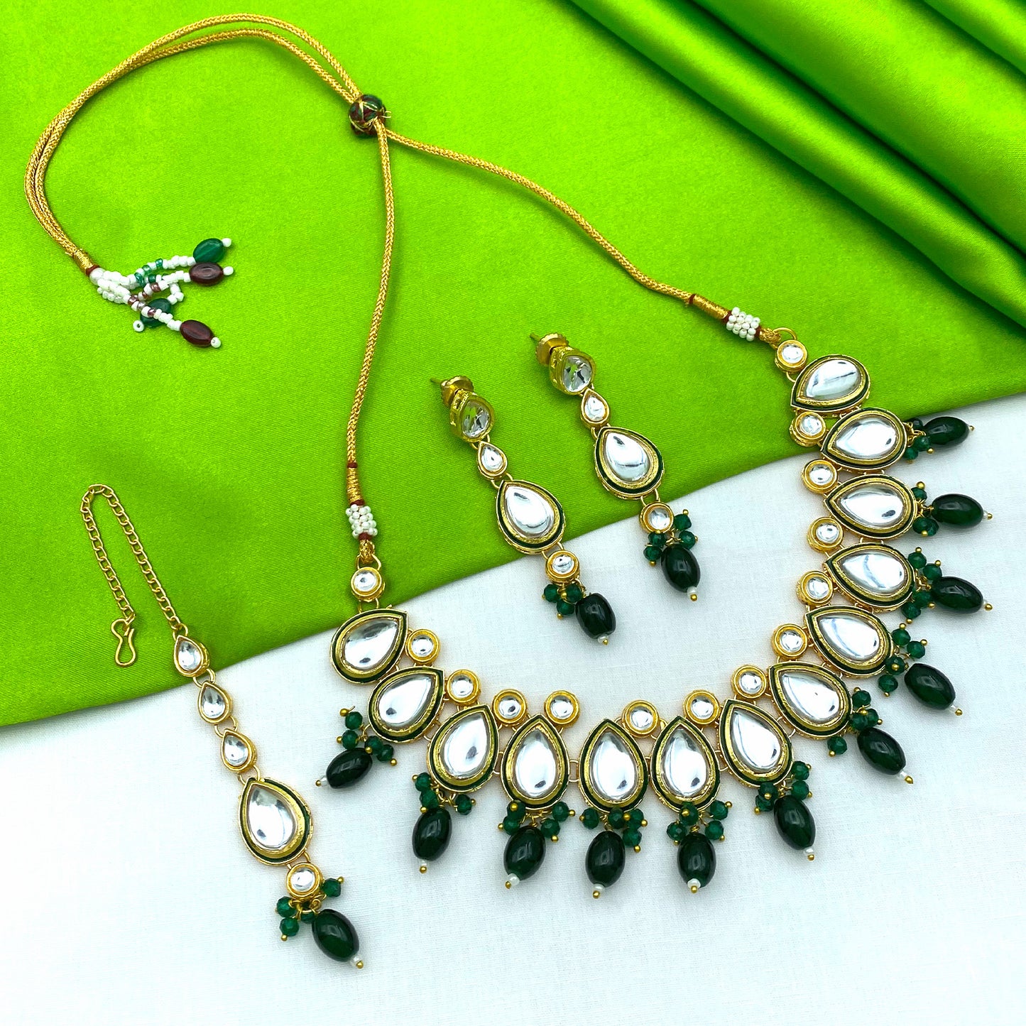 Sujwel Gold-Plated Kundan Necklace Set with Earrings, and Tikka for Girls and Women (08-0534)