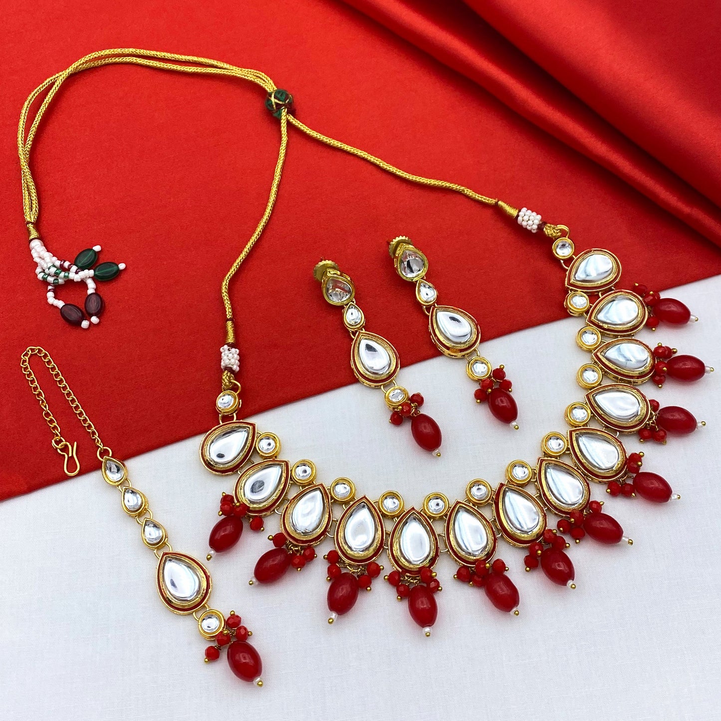 Sujwel Gold-Plated Kundan Necklace Set with Earrings, and Tikka for Girls and Women (08-0534)