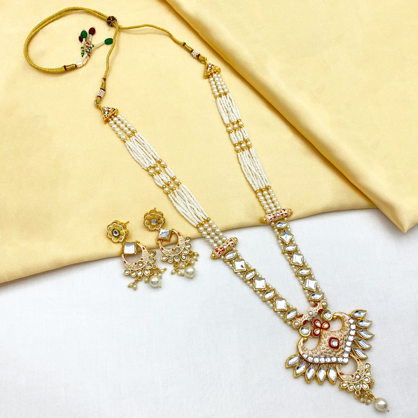 Sujwel Gold Kundan Meenakari Long Necklace And Earrings (08-0536)