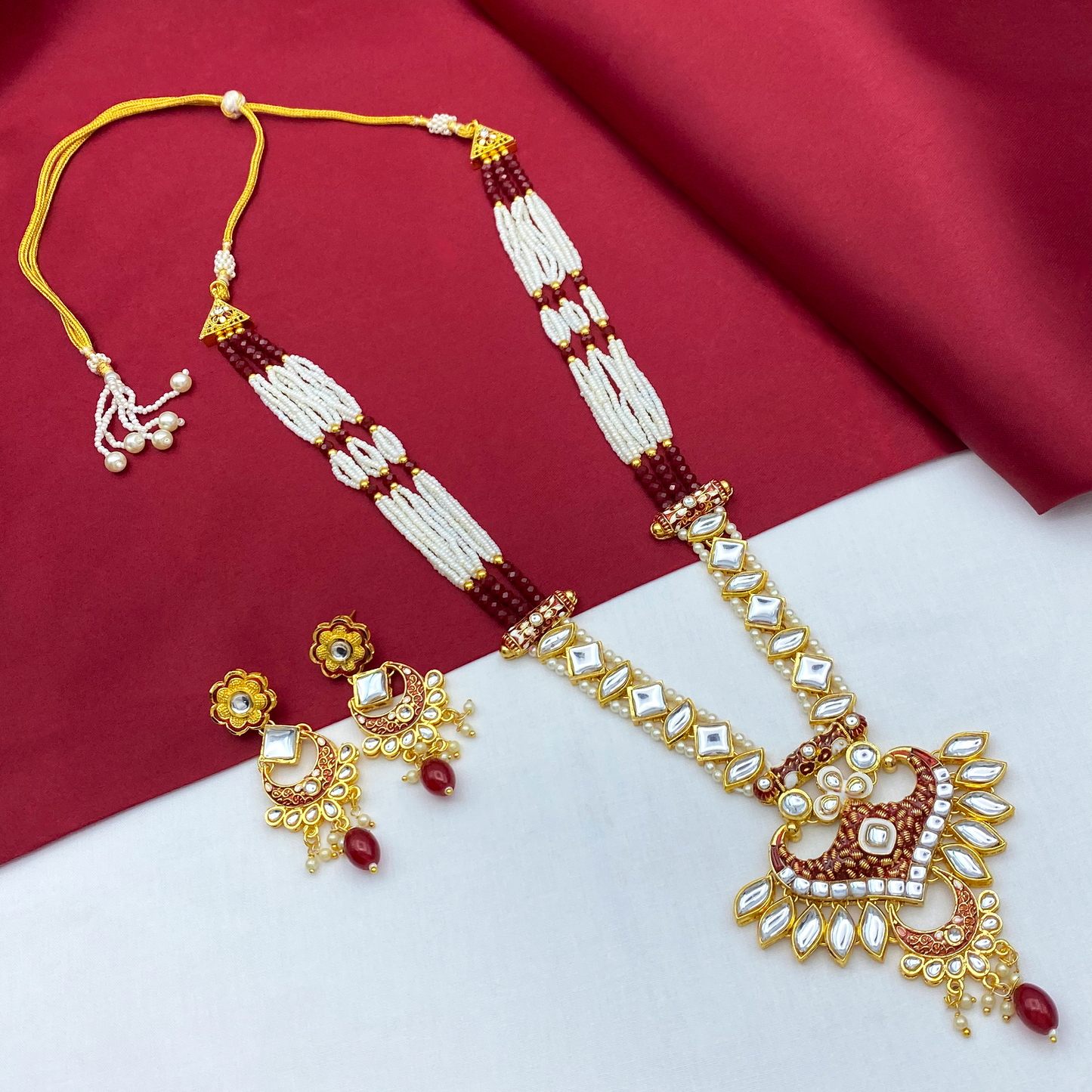 Sujwel Gold Kundan Meenakari Long Necklace And Earrings (08-0536)