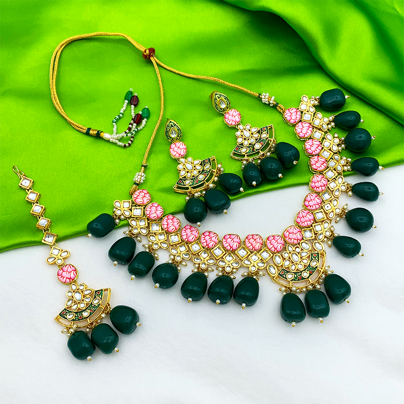 Sujwel Gold Toned Kundan Lamination Floral Design Necklace Set (08-0440)