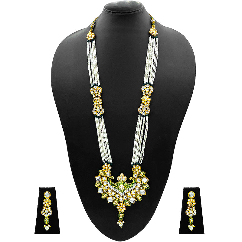 Sujwel Gold Kundan Meenakari Long Necklace And Earrings(08-0506)