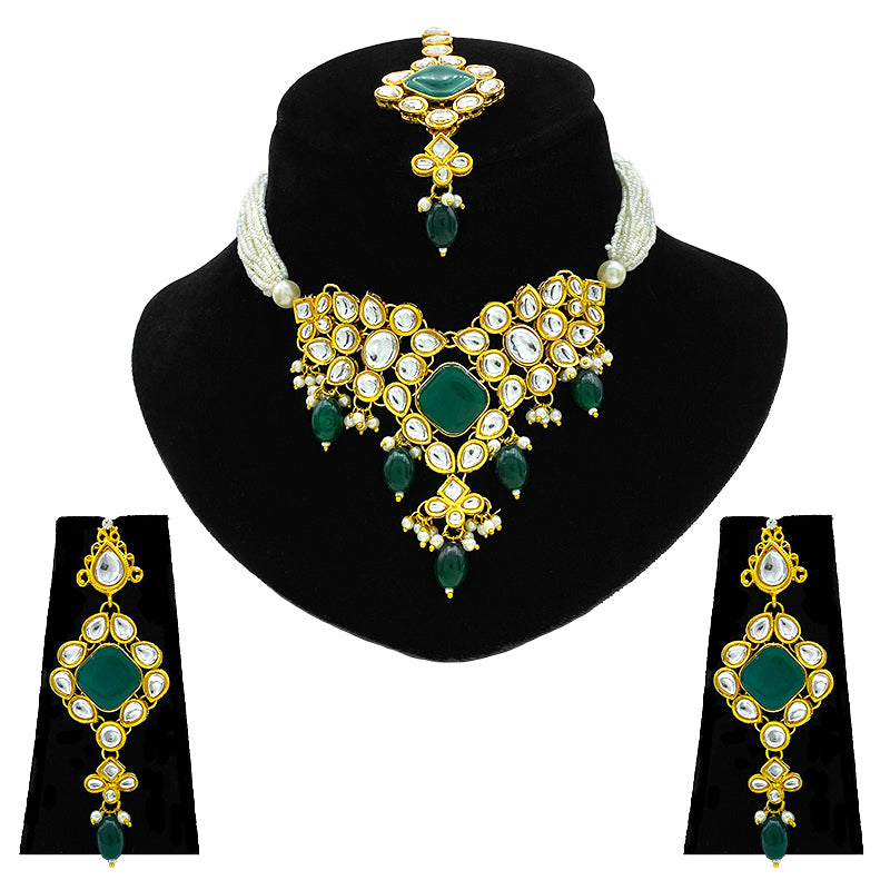 Sujwel Gold Kundan Necklace And Earrings With Maangtikka (08-0507)
