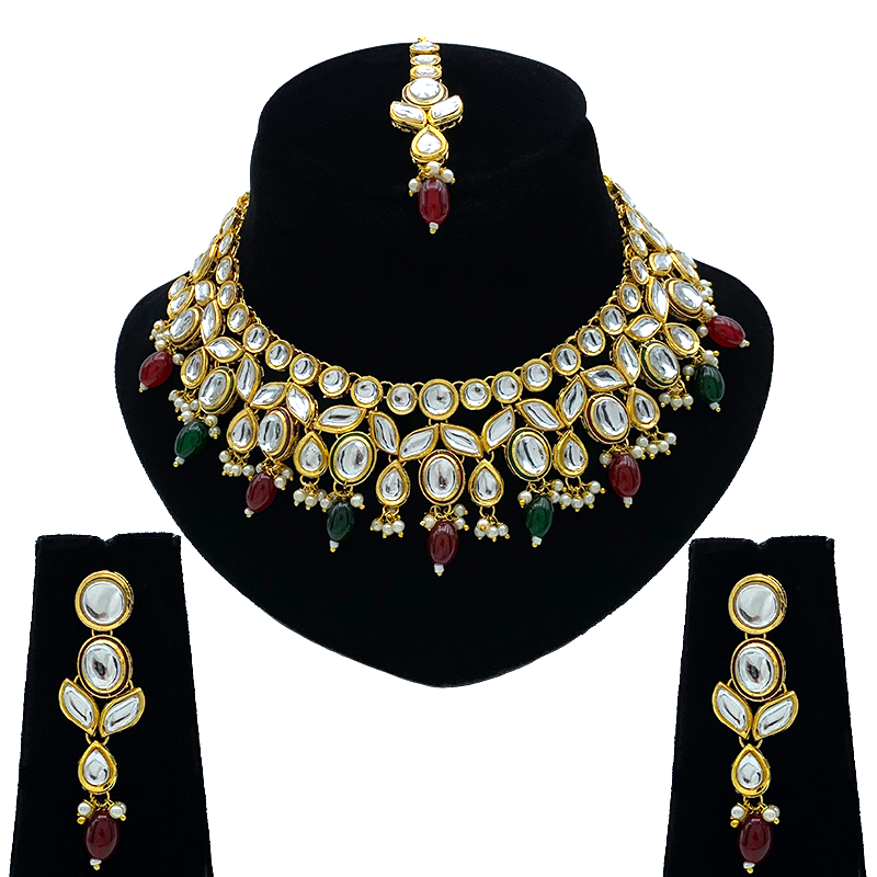 Sujwel Gold-Plated Kundan Necklace Set with Earrings, and Tikka for Girls and Women (08-0533)