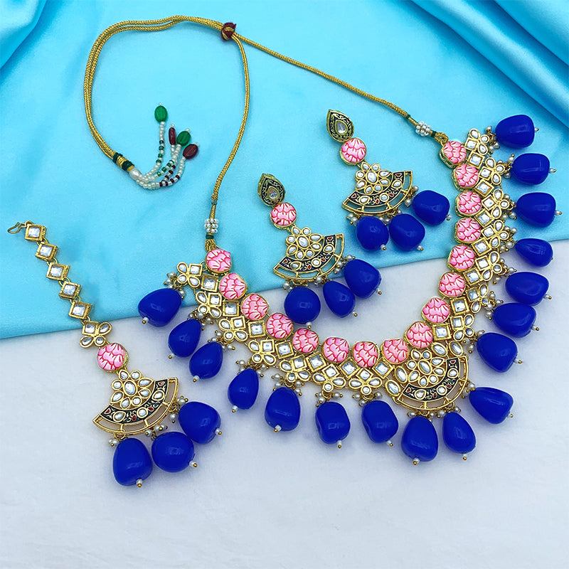 Sujwel Gold Toned Kundan Lamination Floral Design Necklace Set (08-0440)