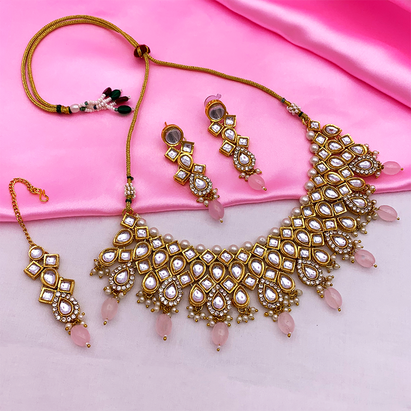 Sujwel Gold Kundan Necklace And Earrings With Maangtikka (08-0503)