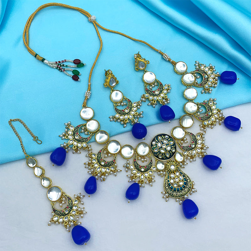 Sujwel Gold Toned Kundan Lamination Floral Design Necklace Set (08-0456)
