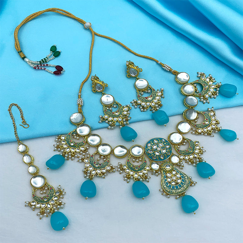 Sujwel Gold Toned Kundan Lamination Floral Design Necklace Set (08-0456)