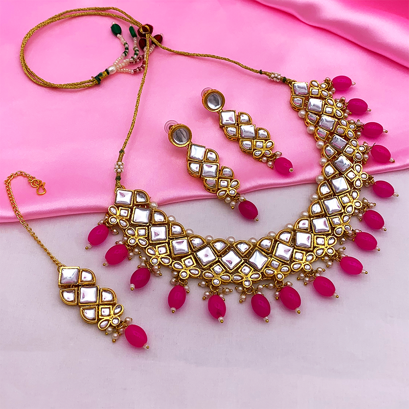 Sujwel Gold Kundan Necklace And Earrings With Maangtikka (08-0502)