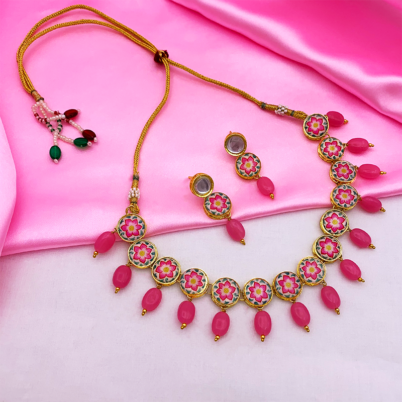 Sujwel Painting with Floral Design Chokar Necklace Set (08-0434)
