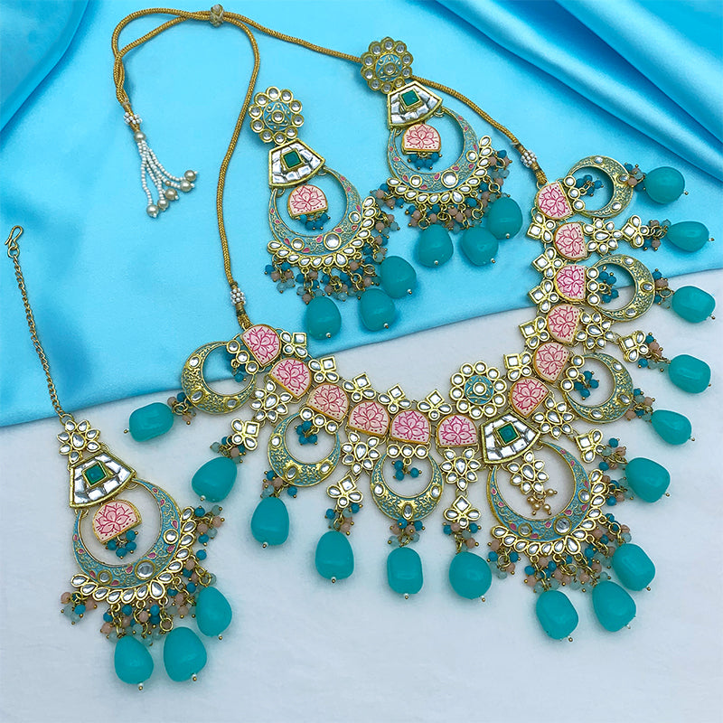 Sujwel Gold Toned Kundan Lamination Floral Design Necklace Set (08-0444)