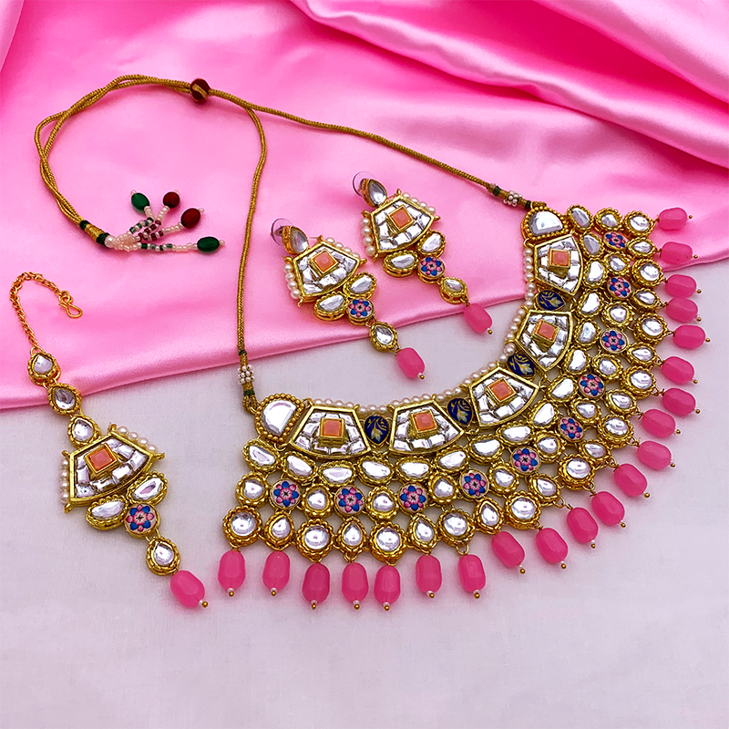 Sujwel Gold Plated Kundan Design Choker Necklace Set For Women (08-0289)