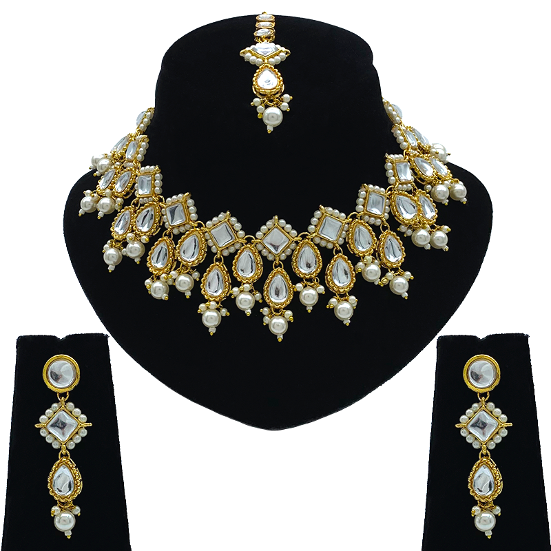 Sujwel Gold-Plated Kundan Necklace Set with Earrings, and Tikka for Girls and Women (08-0526)