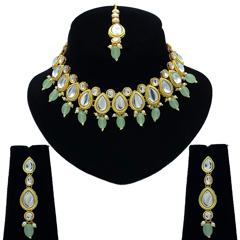 Sujwel Gold-Plated Kundan Necklace Set with Earrings, and Tikka for Girls and Women (08-0534)