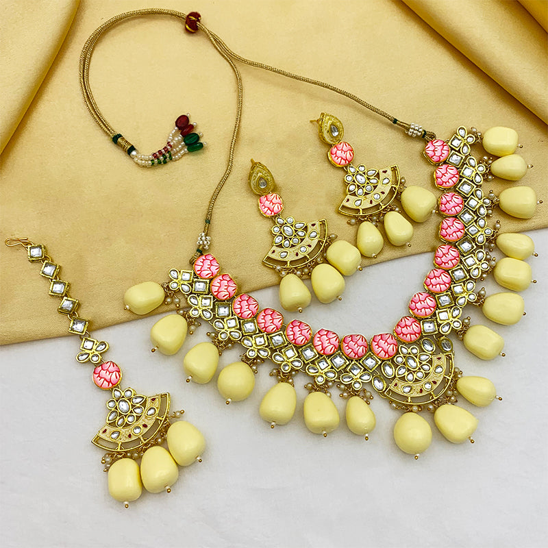 Sujwel Gold Toned Kundan Lamination Floral Design Necklace Set (08-0440)