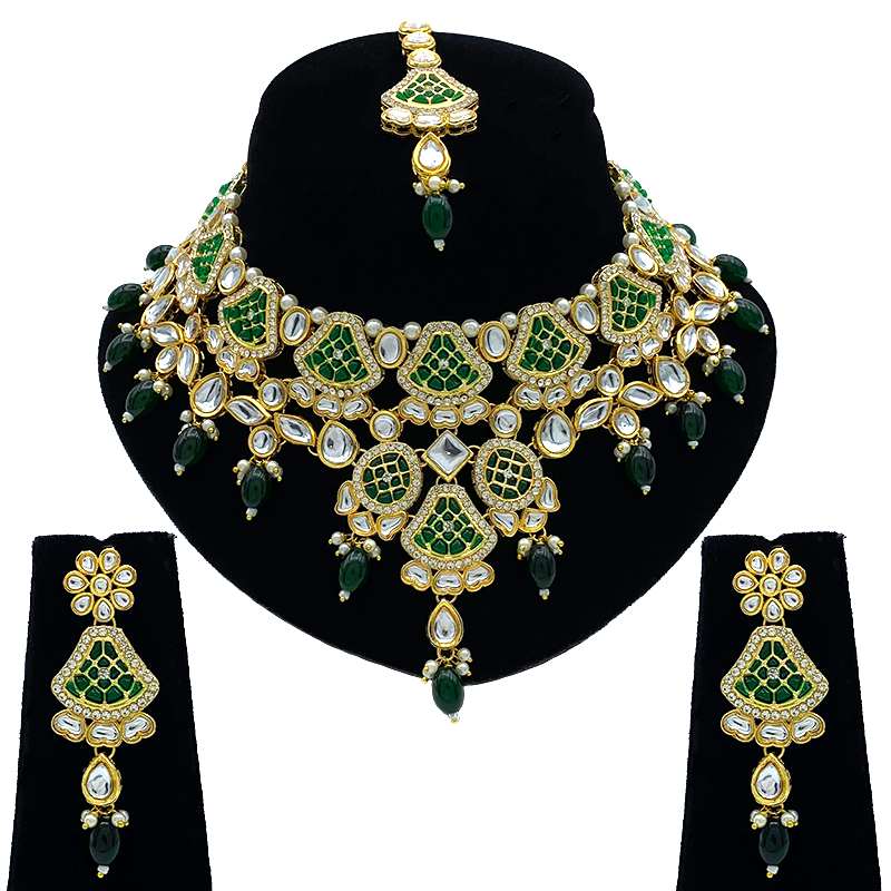 Sujwel Gold-Plated Kundan Necklace Set with Earrings, and Tikka for Girls and Women (08-0535)