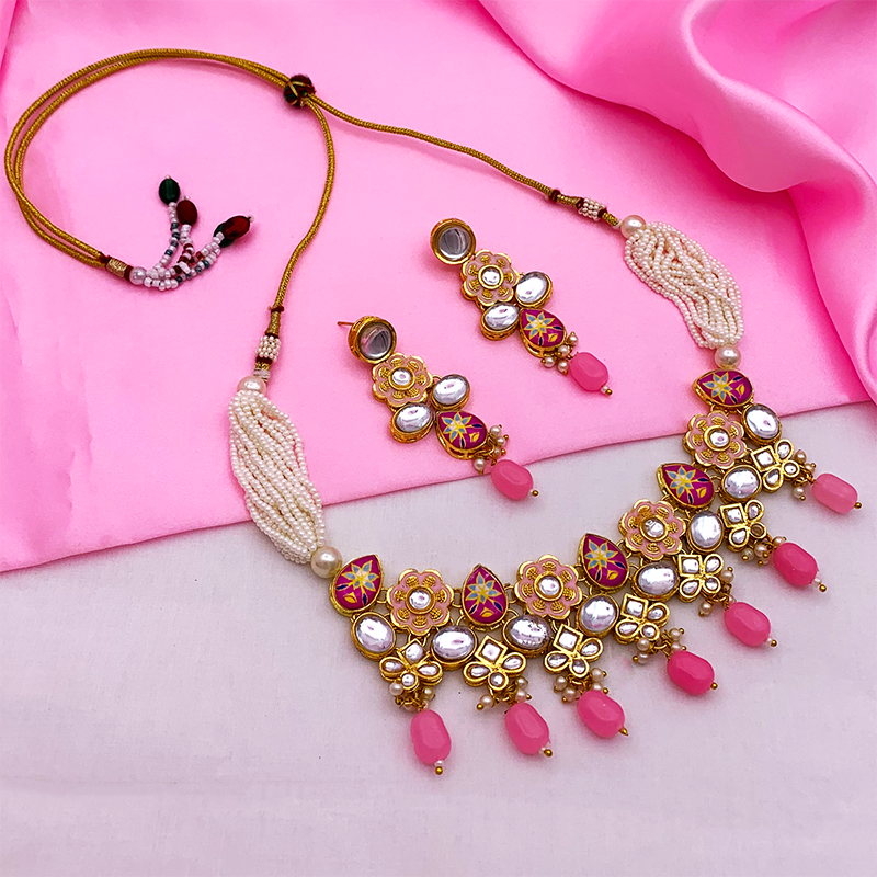 Sujwel Gold Plated Kundan Floral Design Choker Necklace Set (08-0482)