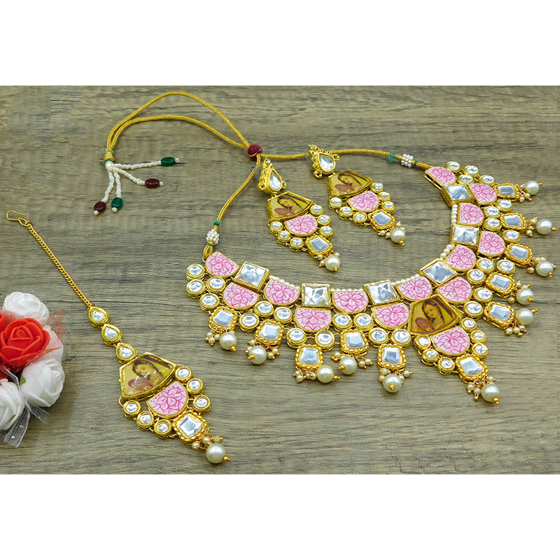 Personalized Sujwel Gold Plated Kundan Stones & Pearl Beads Studded Lamination Floral Design Choker Necklace Set For Women (SUJP01)(SUJ15-0106)