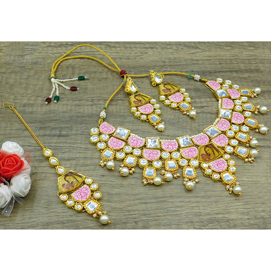 Personalized Sujwel Gold Plated Kundan Stones & Pearl Beads Studded Lamination Floral Design Choker Necklace Set For Women (SUJP01)(SUJ15-0106)