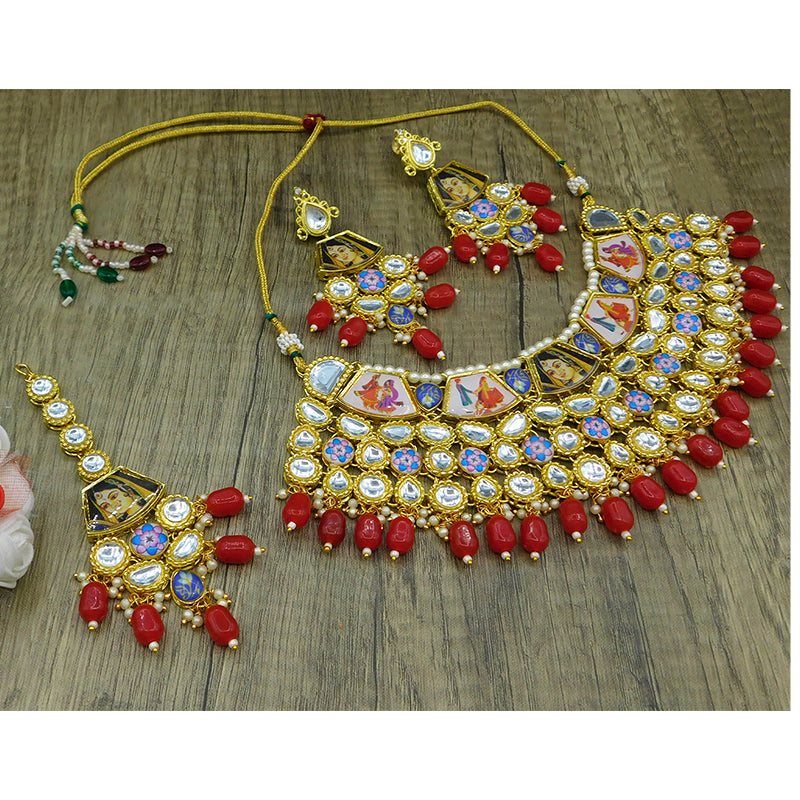 Personalized Sujwel Gold Plated Kundan Stones & Pearl Beads Studded Lamination Floral Design Choker Necklace Set For Women (SUJP01)(SUJ15-0110)