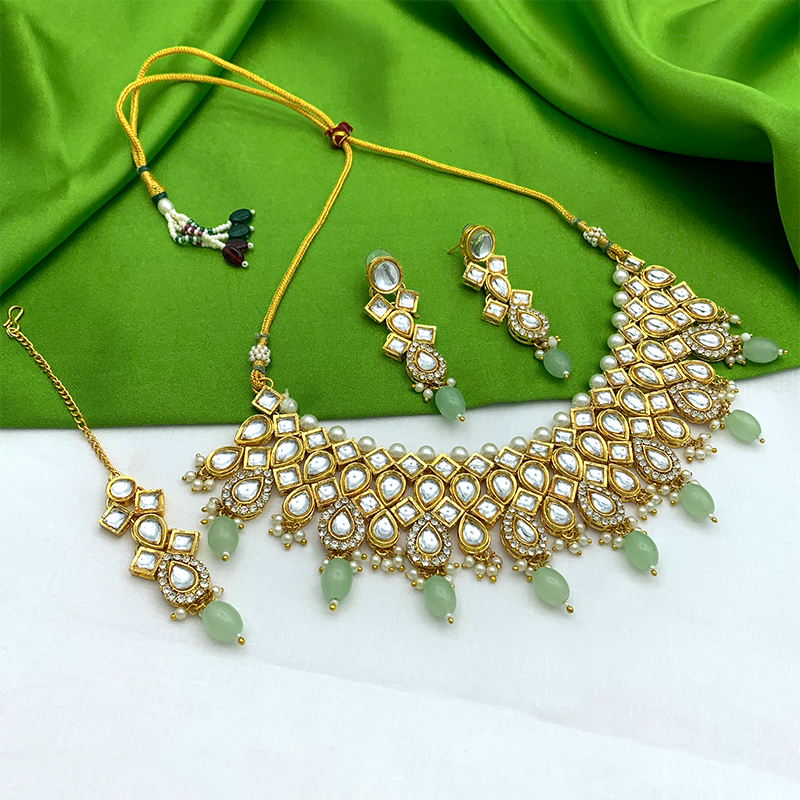 Sujwel Gold Kundan Necklace And Earrings With Maangtikka (08-0503)