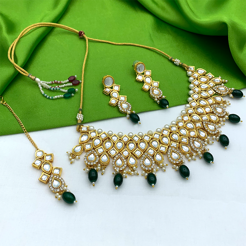 Sujwel Gold Kundan Necklace And Earrings With Maangtikka (08-0503)