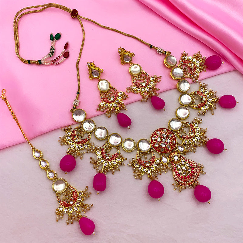 Sujwel Gold Toned Kundan Lamination Floral Design Necklace Set (08-0456)