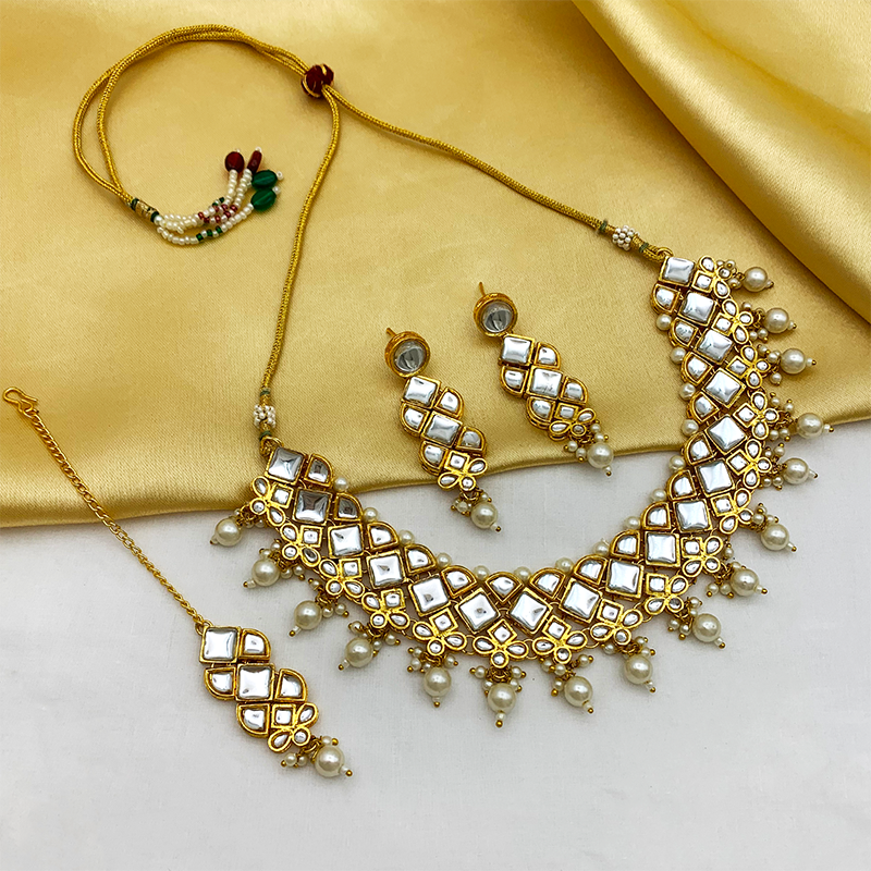 Sujwel Gold Kundan Necklace And Earrings With Maangtikka (08-0502)