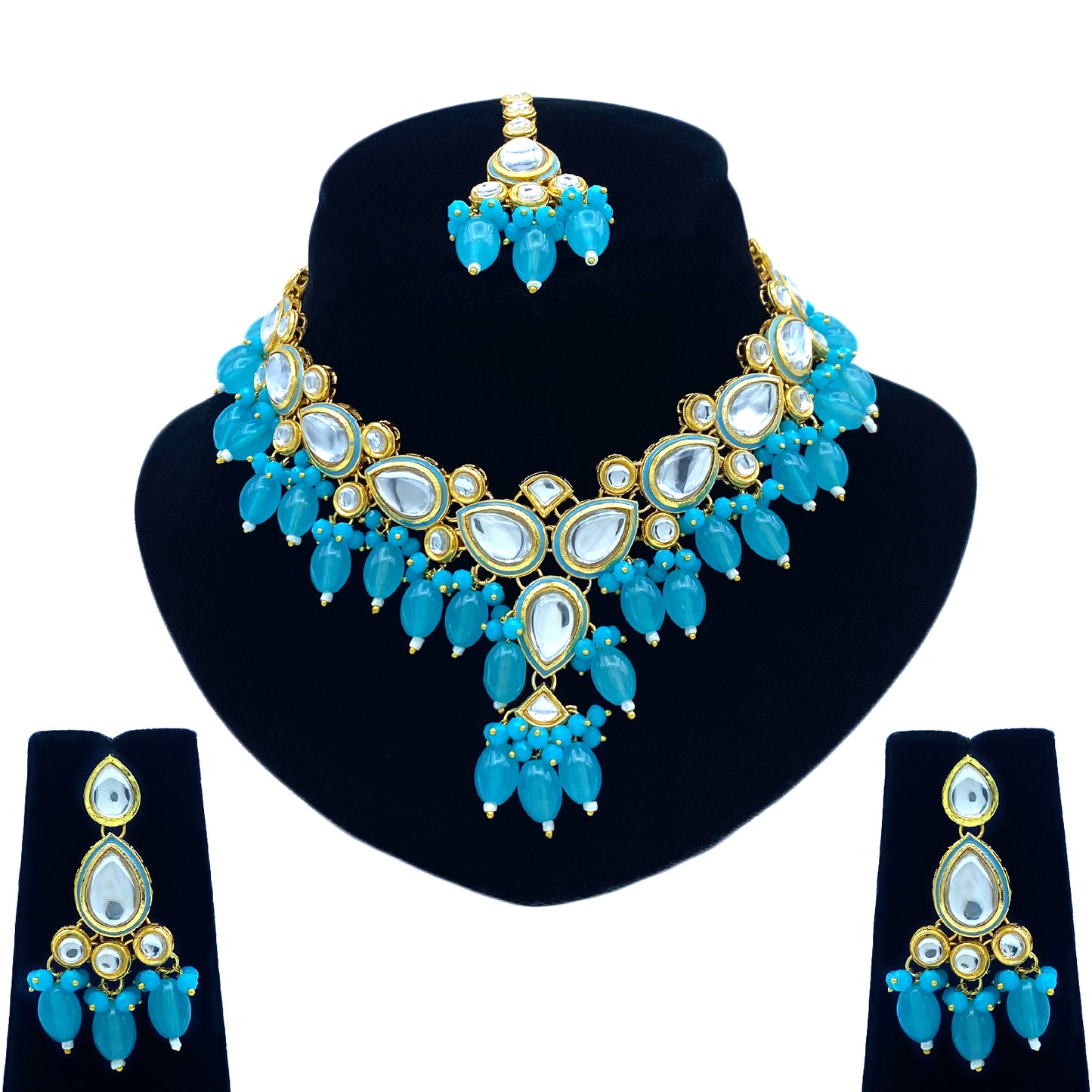 Sujwel Gold-Plated Kundan Necklace Set with Earrings, and Tikka for Girls and Women (08-0532)