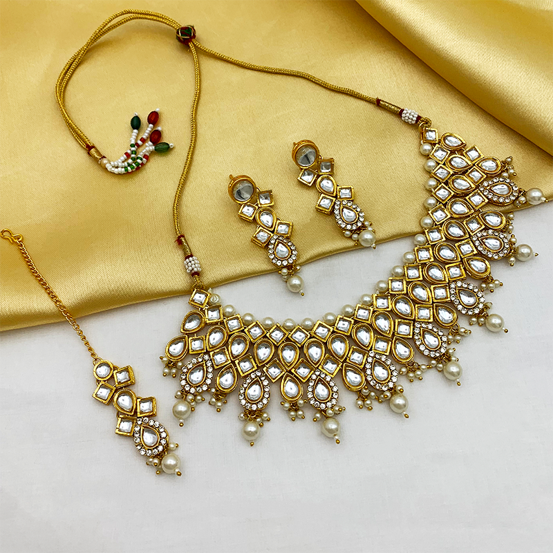 Sujwel Gold Kundan Necklace And Earrings With Maangtikka (08-0503)