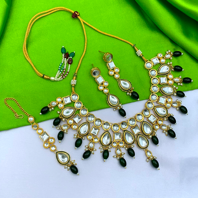 Sujwel Gold-Plated Kundan Necklace Set with Earrings, and Tikka for Girls and Women (08-0527)