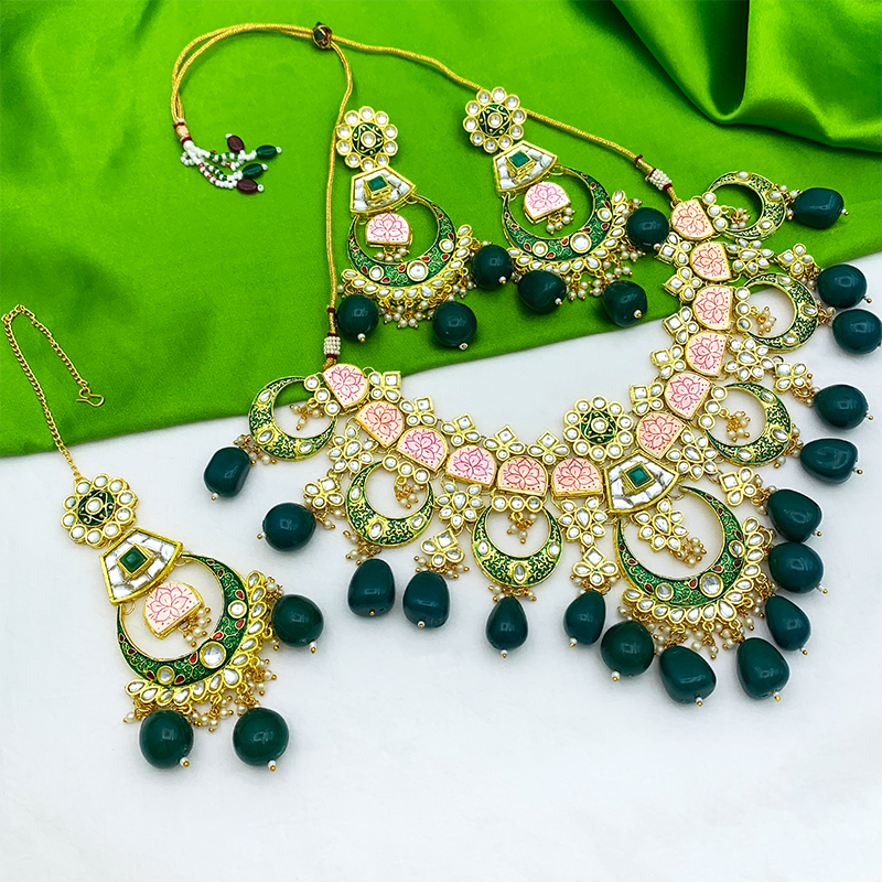 Sujwel Gold Toned Kundan Lamination Floral Design Necklace Set (08-0444)