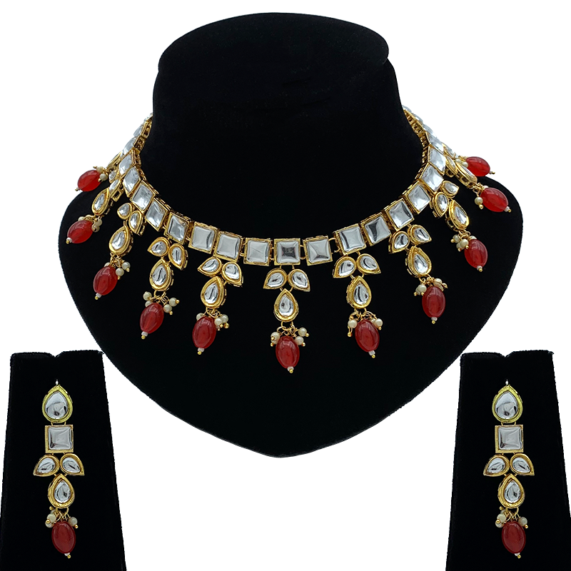 Sujwel Gold-Plated Kundan Necklace and Earrings (08-0523)