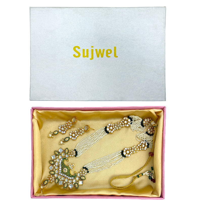 Sujwel Gold Kundan Meenakari Long Necklace And Earrings(08-0506)