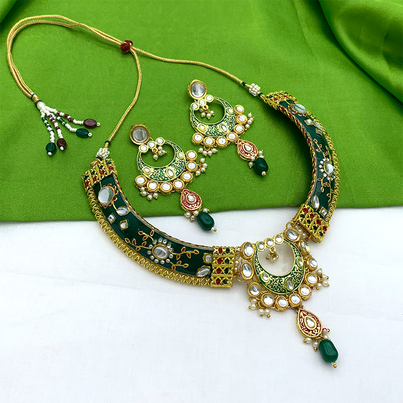 New Sujwel Imitation Hathi Dant Gold Necklace Set (08-0474)